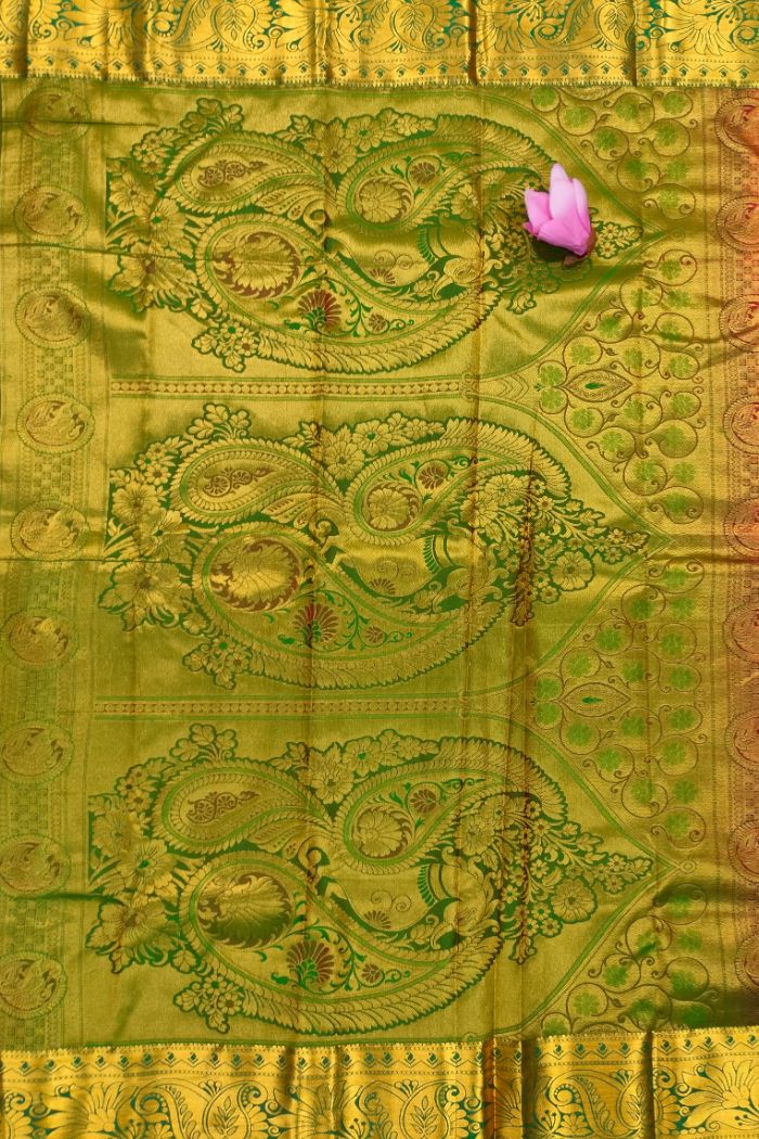 Beautiful Handwoven Red and Green Silk Saree with Gold Zari - 3