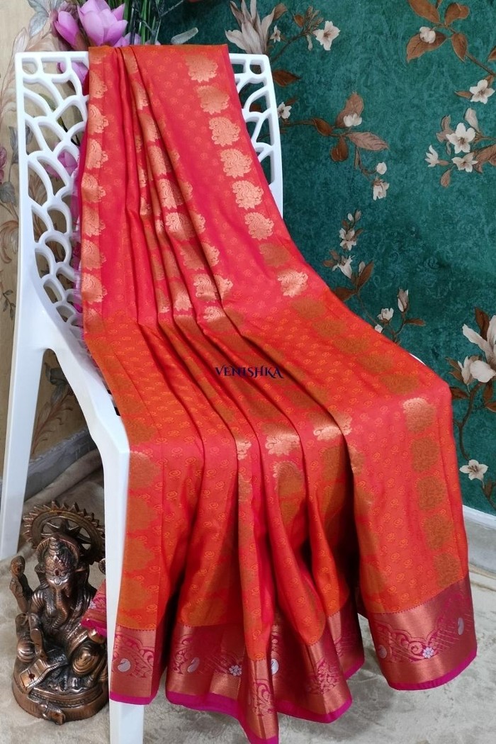 Kanjivaram Blended Silk Saree-Orange - 3