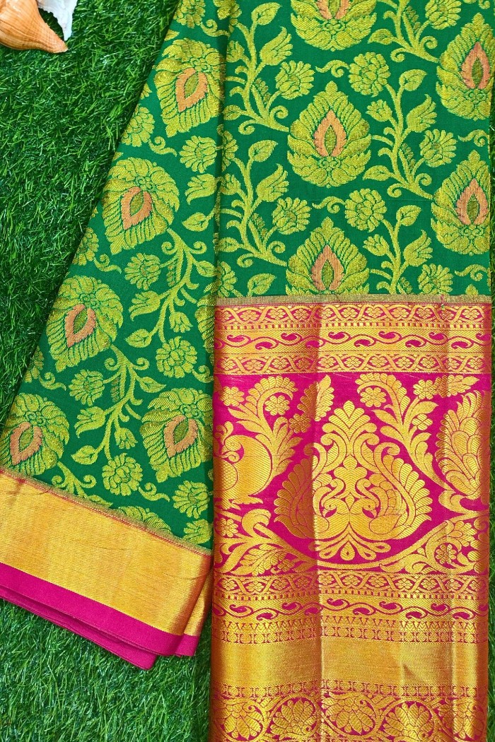 Kanjivaram Bridal Semi Silk Saree-Green & Pink