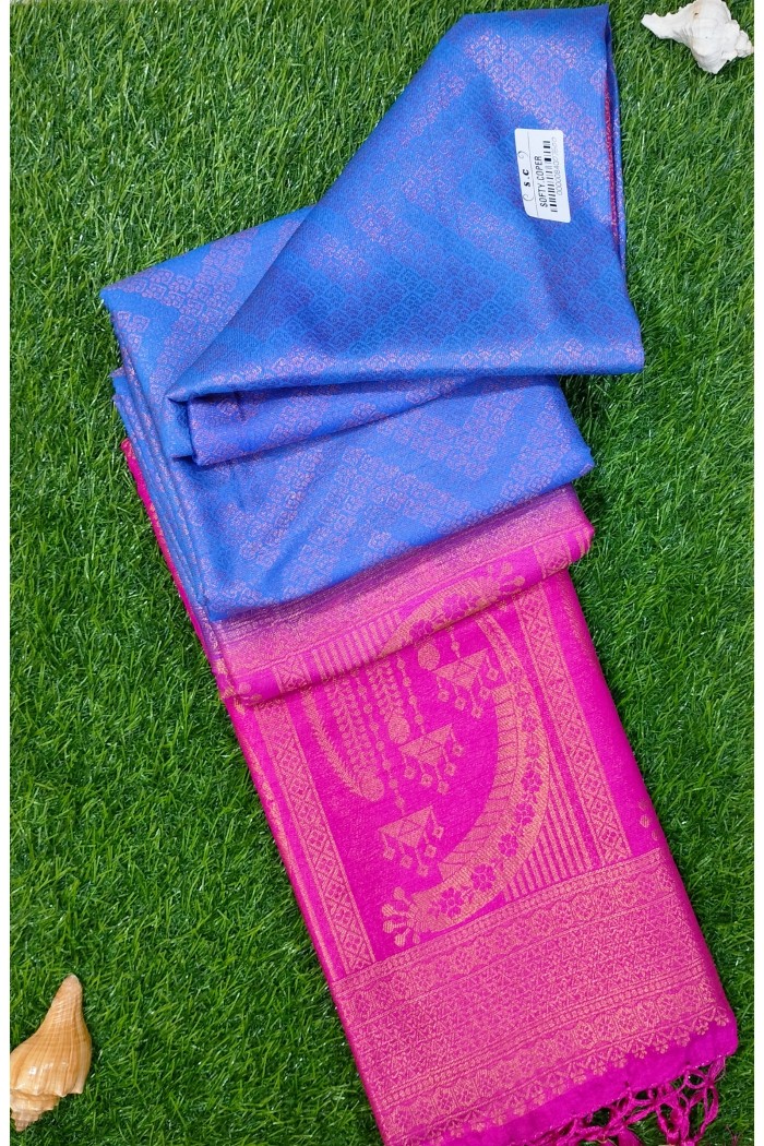 Mysore Silk Saree Blue With Pink Shades - 3