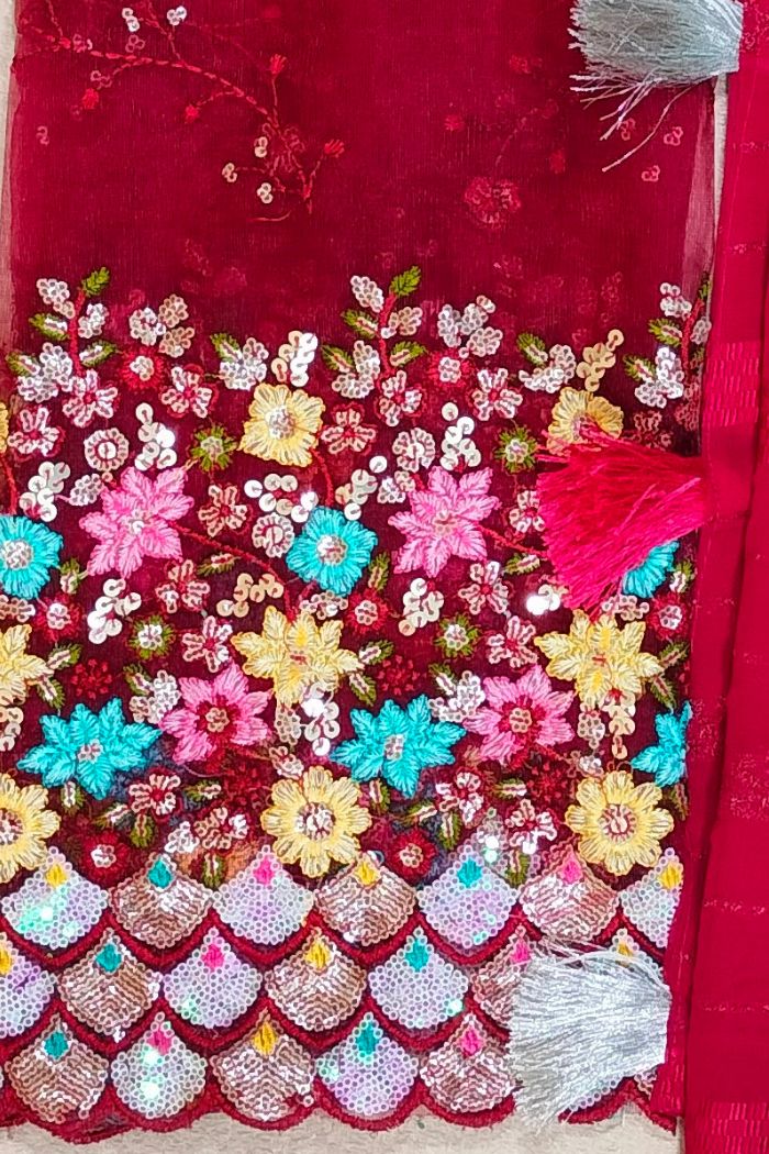 Dola Semi Silk Red Saree Embroidered Border - 3