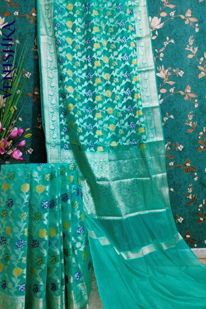 Handloom Semi Georgette Fancy Saree Green