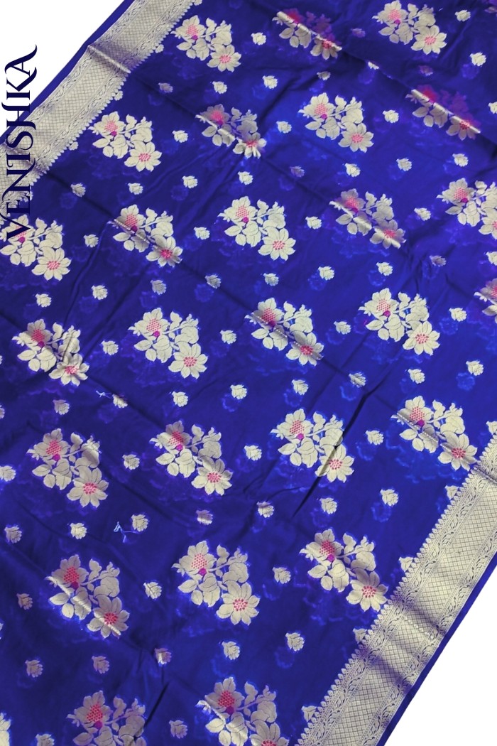 Handloom Semi Georgette Fancy Saree Blue - 3