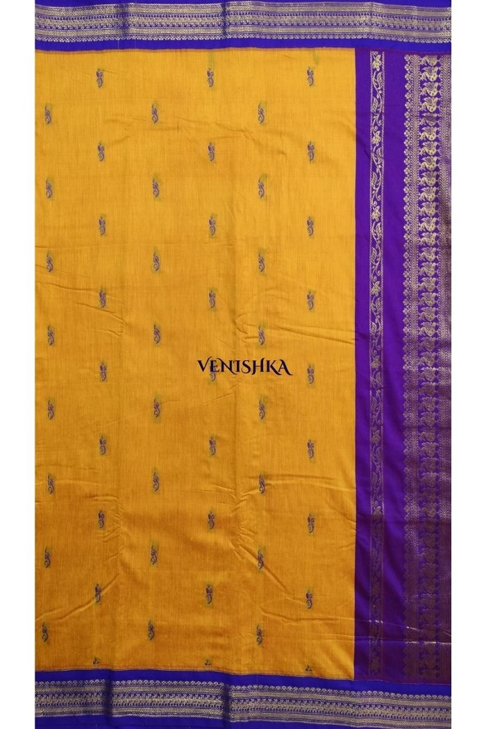 kalyani cotton saree-golden yellow with purple - 4