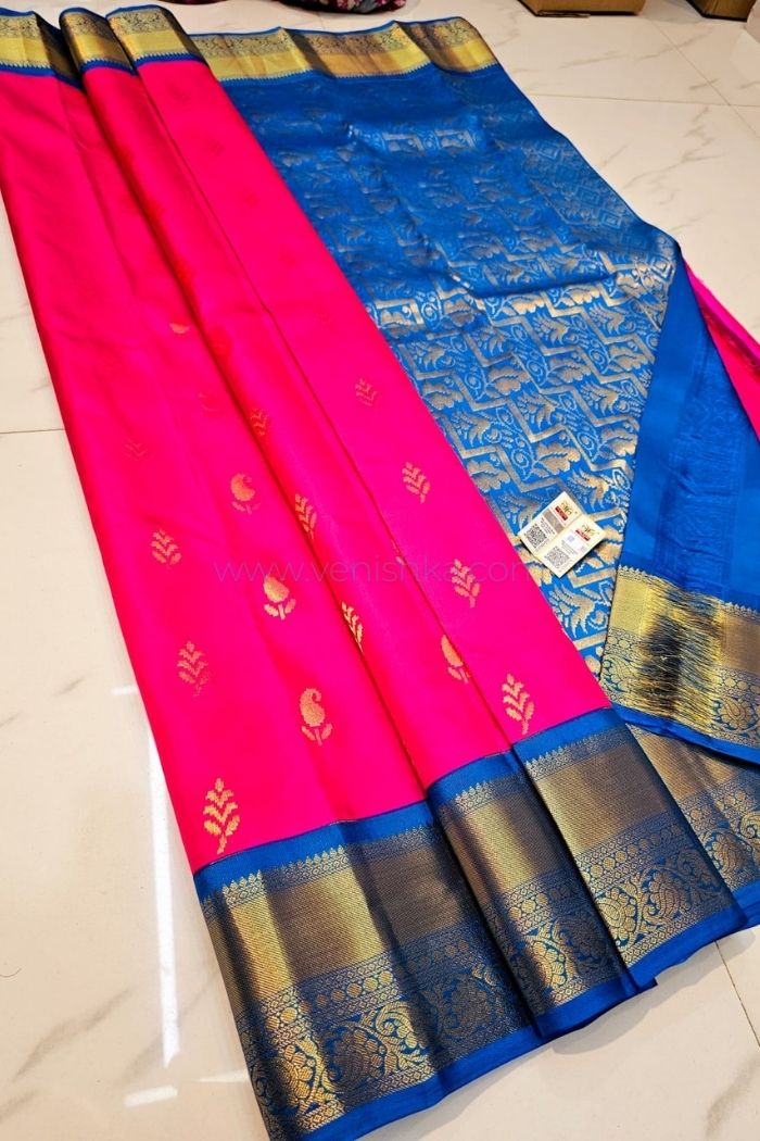 Pink Kanjivaram Silk Saree with Blue Pallu and Korvai Border