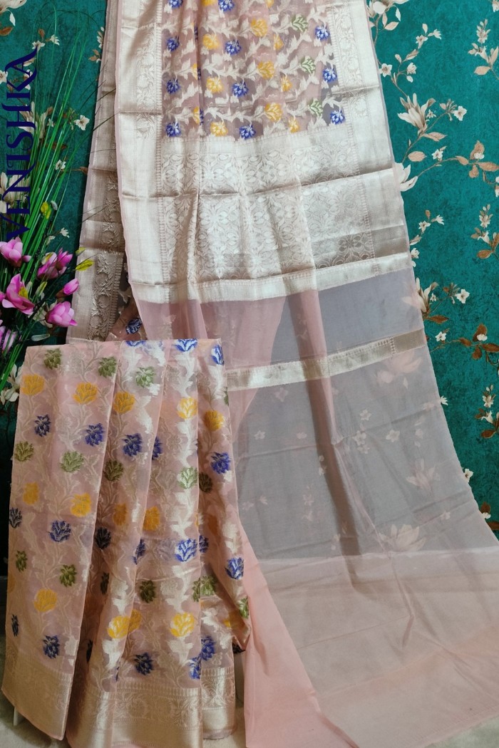 Handloom Semi Georgette Fancy Saree Pink