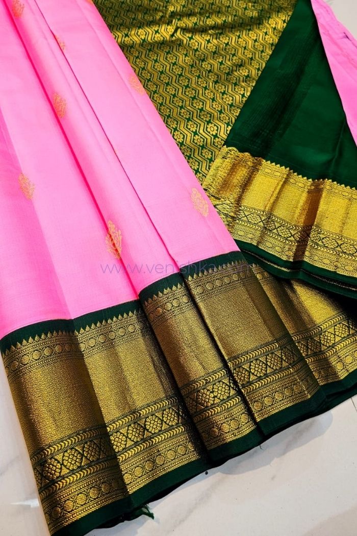 Soft Pink Kanjivaram Silk Saree with Green Pallu Korvai Border