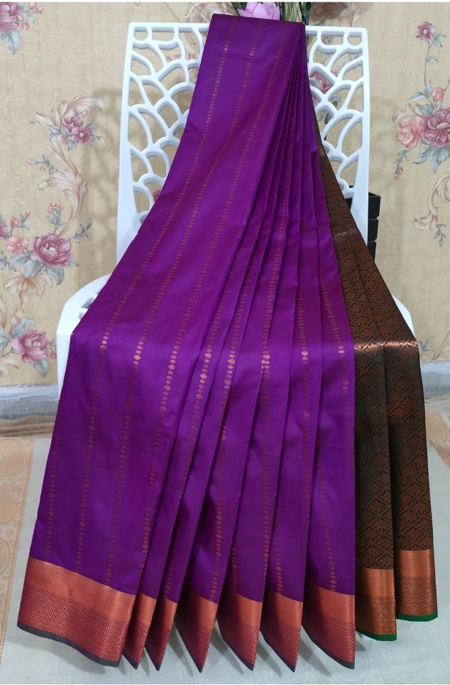 Purple buttas woven soft silk saree, temple border of kodi visiry and mayil designs, and pallu of floral and kodi mayil designs main image 0