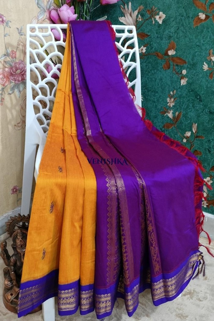 kalyani cotton saree-golden yellow with purple