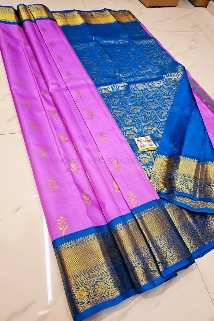 Lavender Kanjivaram Silk Saree with Blue Pallu and Korvai Border