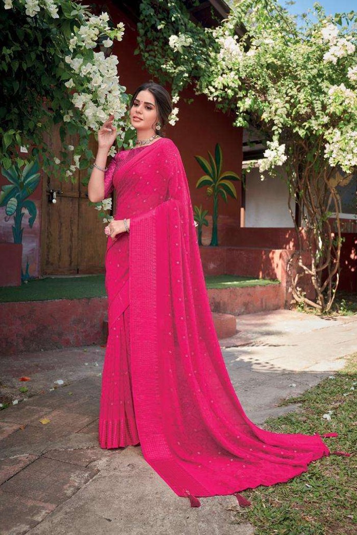 Pure Georgette With Jacquard Border Pink