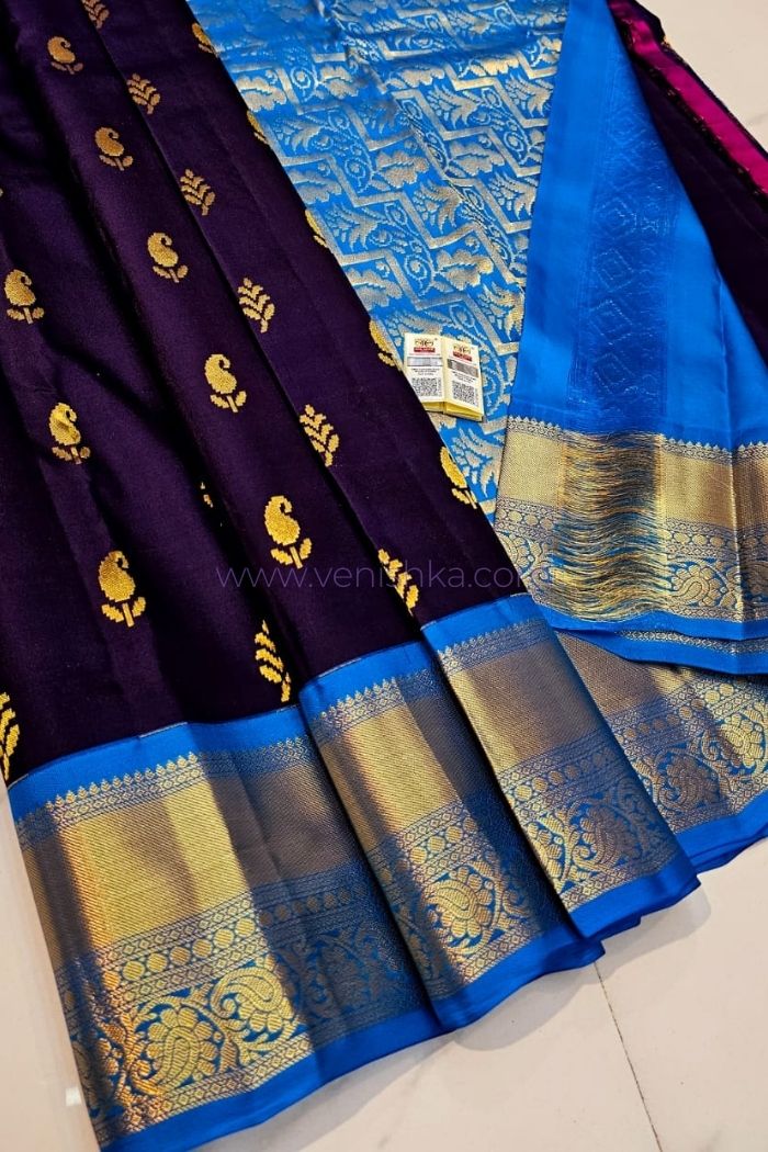 Elegant Purple Kanjivaram Silk Saree with Sky Blue Pallu Korvai Border