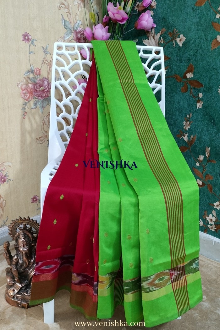Uppada Silk With Pochampally Border-Red With Light Green