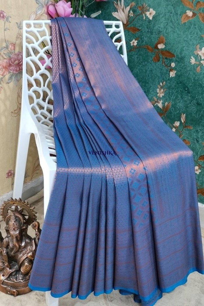 Kanjivaram Fancy Soft Silk Saree-Blue - 3
