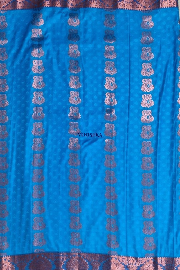 Kanjivaram Blended Silk Saree-Blue - 5