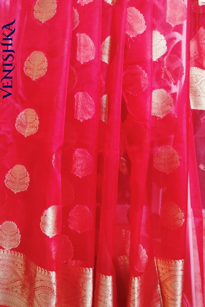 Handloom Kora Organza Fancy Saree Red - 4