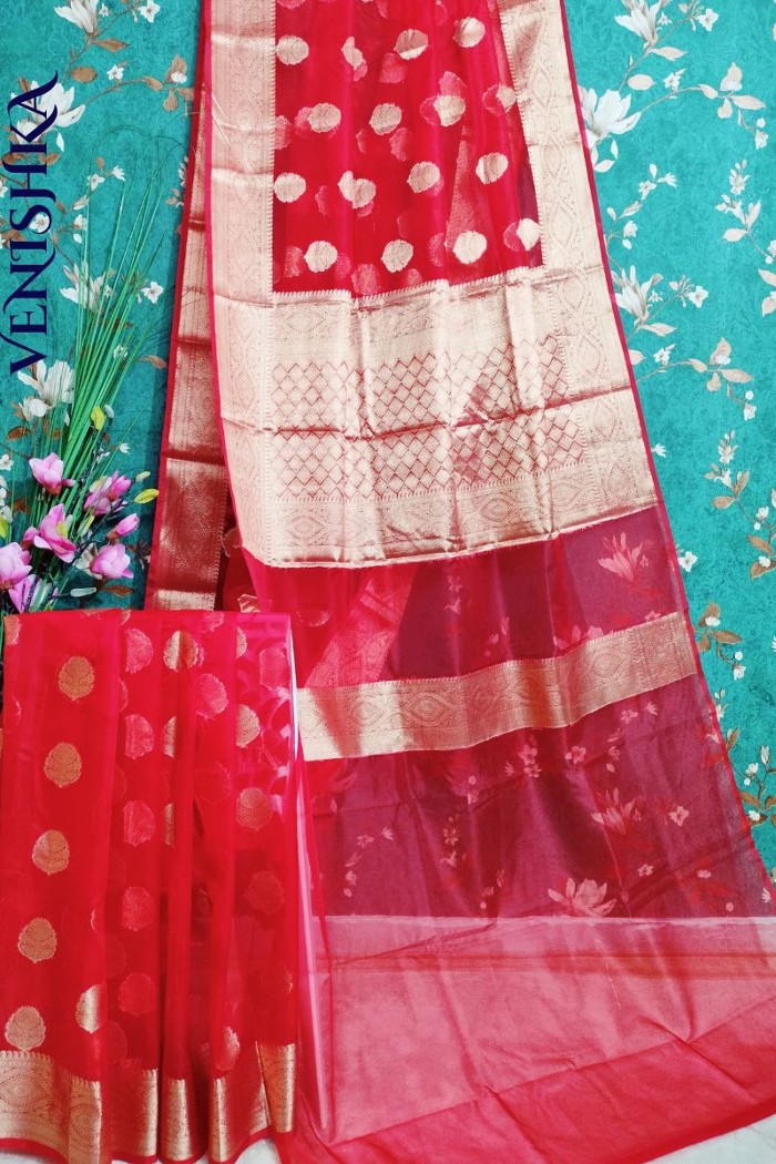 Handloom Kora Organza Fancy Saree Red