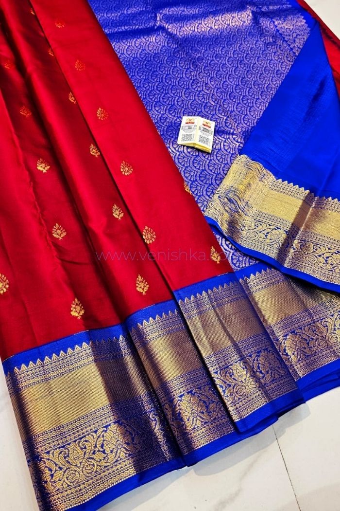 Radiant Red & Royal Blue Kanjivaram Silk Saree with Golden Zari
