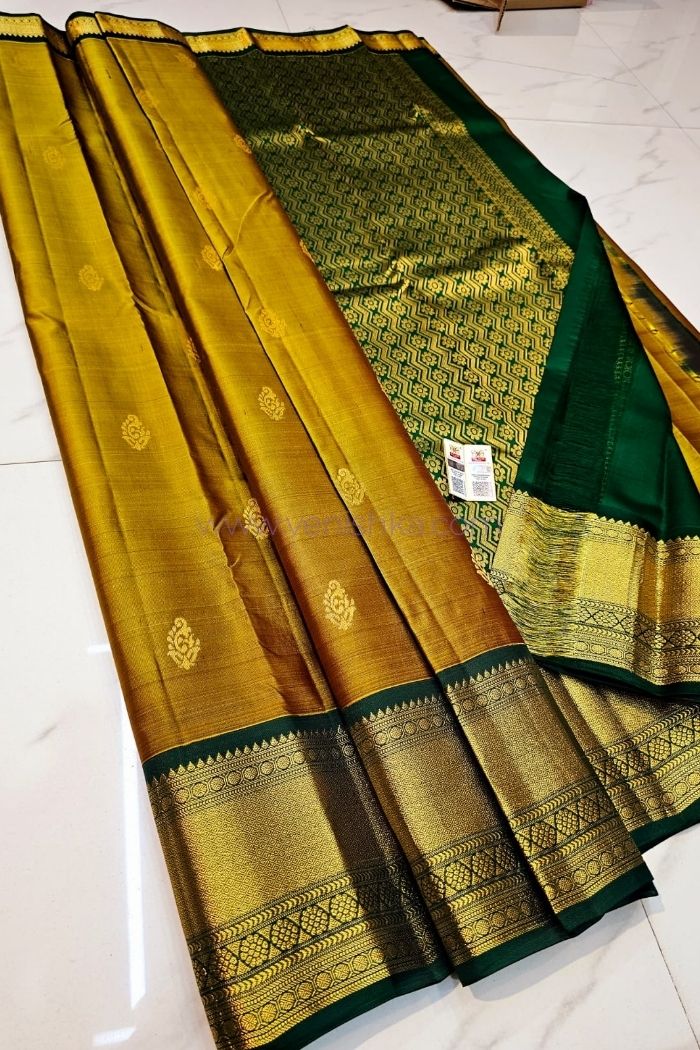 Elegant Golden Yellow & Emerald Green Kanjivaram Silk Saree with Rich Zari