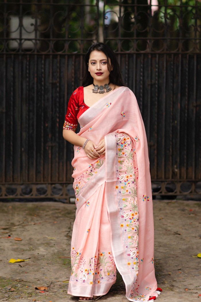 Linen Saree with All Over Embroidery Quiet Pink
