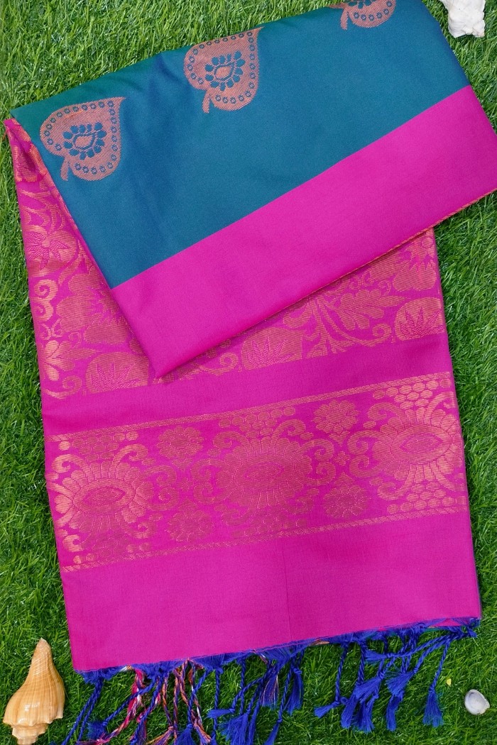 Fancy Soft Silk Light Weight Tale Blue With Pink - 3