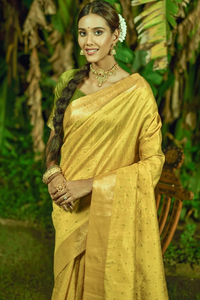 Bhagalpuri Silk Saree Yellow With Green