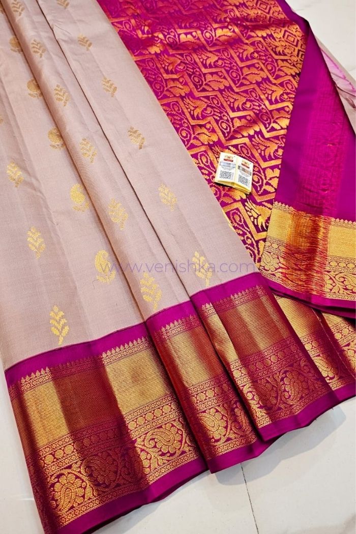 Elegant Beige & Magenta Kanjivaram Silk Saree with Golden Zari