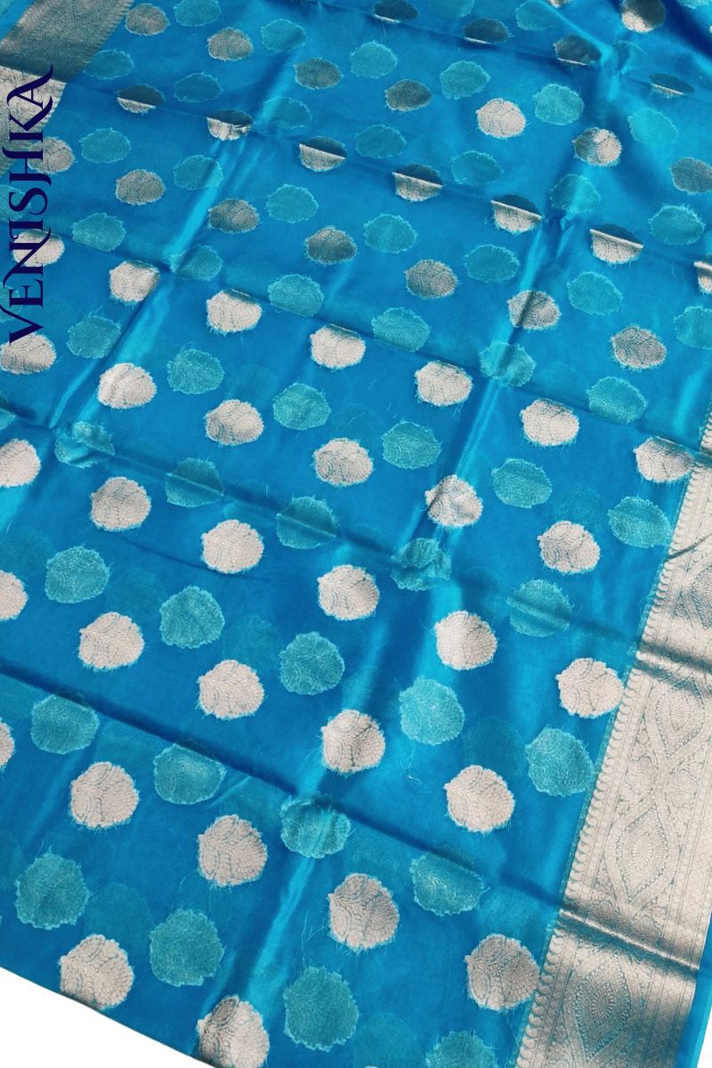 Handloom Kora Organza Fancy Saree Sea Blue