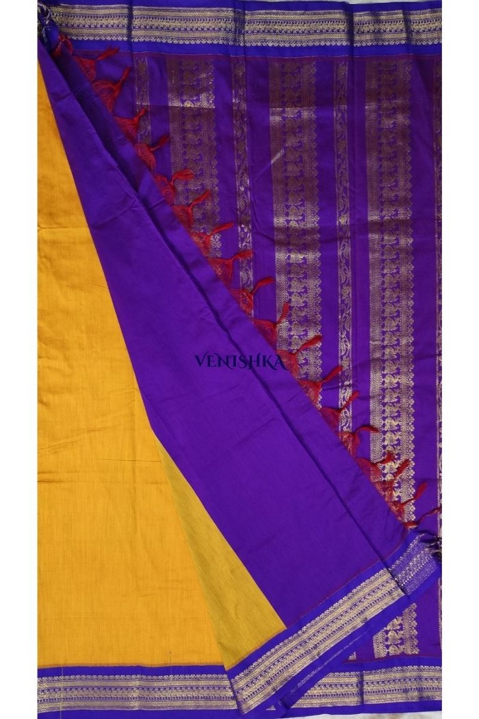 kalyani cotton saree-golden yellow with purple