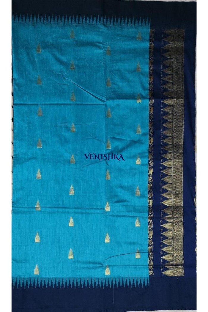 Kalyani Cotton Saree - Light Blue With Cool Black - 4