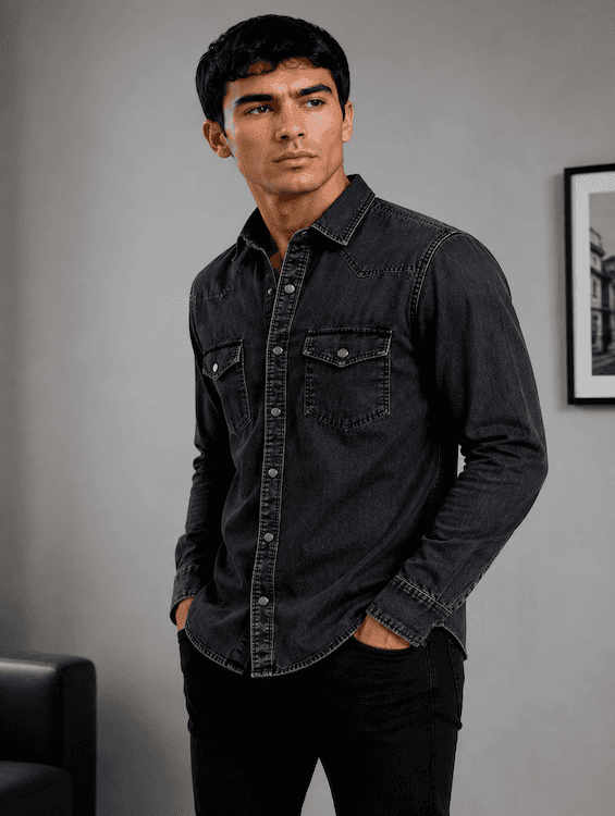 ODCC Men's Black Denim Shirt with Matte Graphite Press Buttons RN0051 - 2