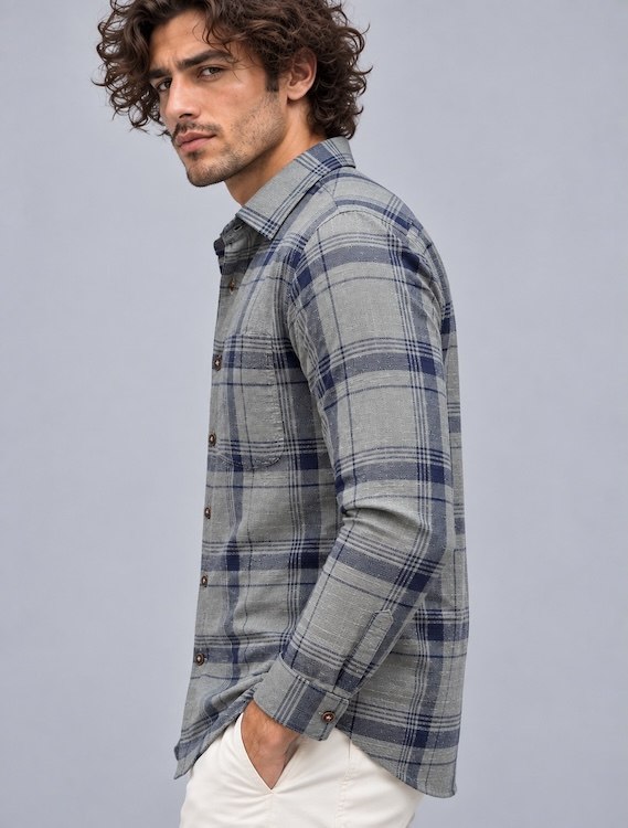 ODCC Men's Grey & Navy Blue Checkered Full Sleeve Cotton Twill St with Chest Pocket YM0808 - 4