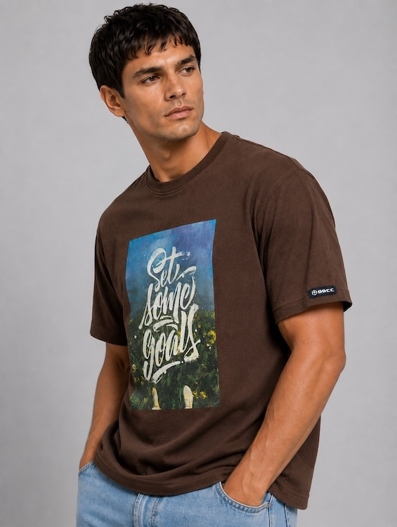 Men's Brown Typography Printed Round Neck T-Shirt | Regular Fit | ODCC - 2