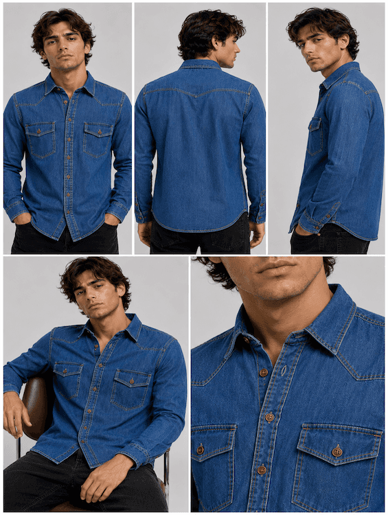 ODCC Men's Mid Blue Vintage Washed Denim Shirt with Brown Stitched Buttons RN0058 - 7