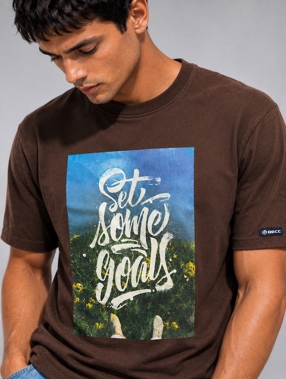 Men's Brown Typography Printed Round Neck T-Shirt | Regular Fit | ODCC - 3