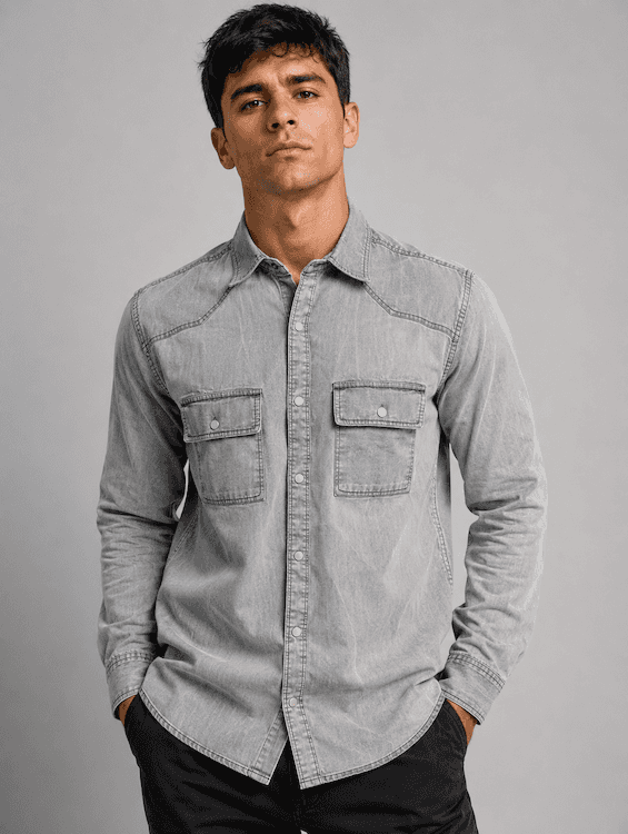 ODCC Men's Light Grey Denim Shirt with Matte Silver Press Buttons RN0050
