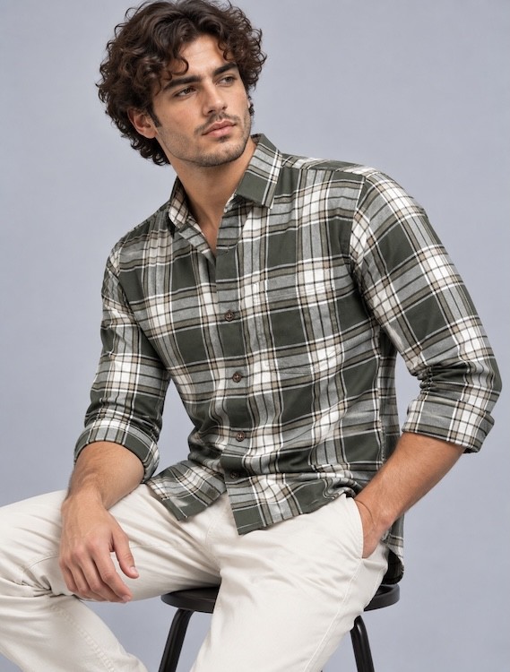ODCC Men's Green & White Checkered Full Sleeve Cotton Twill Shirt with Chest Pocket YM0807 - 6