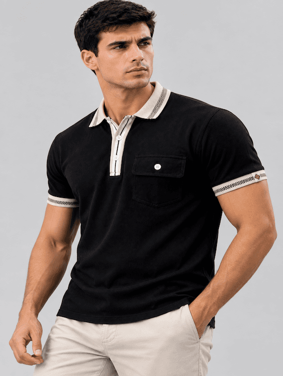 ODCC Men's Black Textured Polo T-Shirt with Contrast Collar & Pocket Detail | T02562 - 4