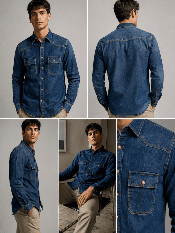 ODCC Men's Dark Blue Khaki Tint Faded Washed Denim Shirt with Matte Brass Press Buttons RN0060 - 8