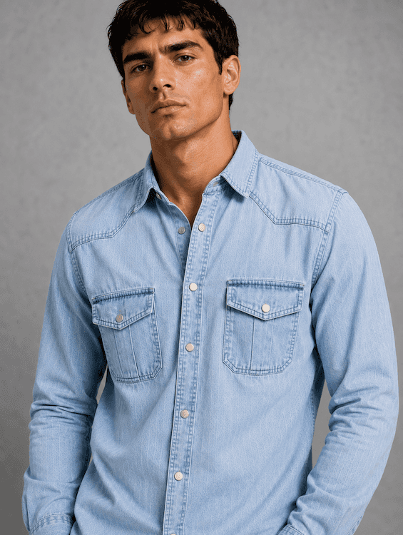 ODCC Men's Lite Blue Faded Washed Denim Shirt with Matte Silver Press Buttons RN0059 - 5