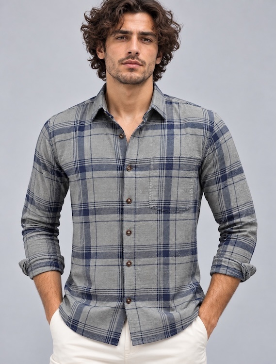 ODCC Men's Grey & Navy Blue Checkered Full Sleeve Cotton Twill St with Chest Pocket YM0808