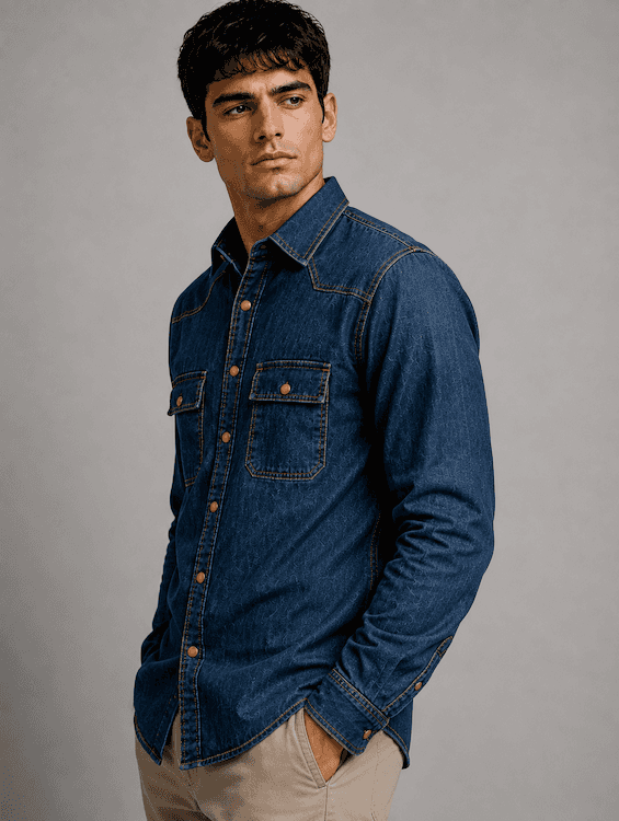 ODCC Men's Dark Blue Khaki Tint Faded Washed Denim Shirt with Matte Brass Press Buttons RN0060 - 2