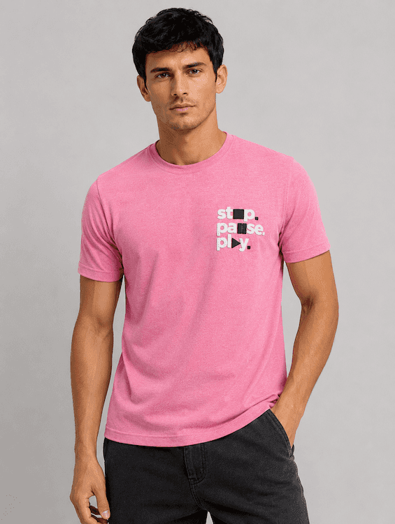 ODCC Men's Pink Melange Round Neck Cotton T-Shirt with Puff HD Print – T02539A