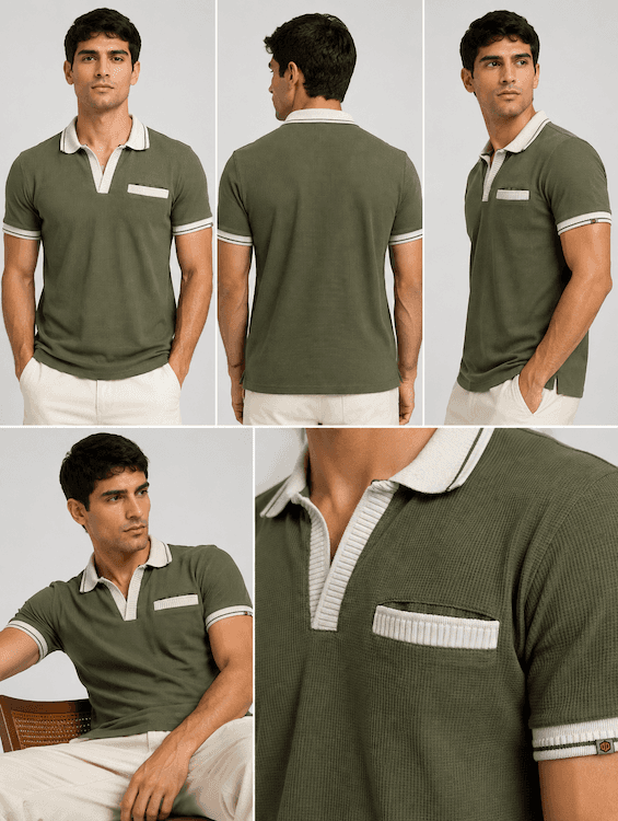 OODCC Men's Olive Green Textured Polo T-Shirt with Contrast Collar & Pocket T02561 - 6