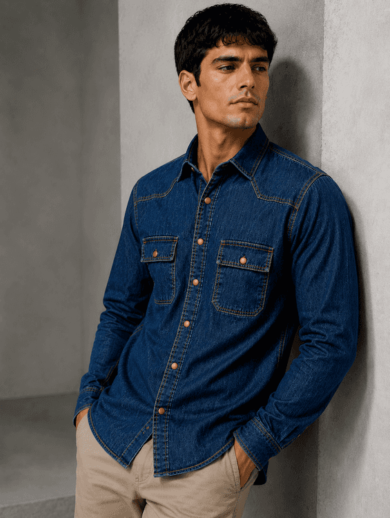 ODCC Men's Dark Blue Khaki Tint Faded Washed Denim Shirt with Matte Brass Press Buttons RN0060 - 4