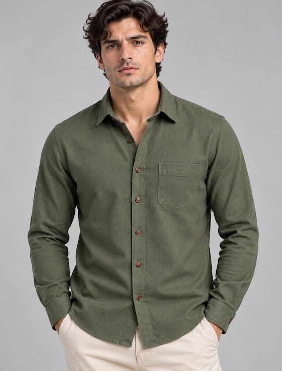 ODCC Men's Green Plain Full Sleeve Cotton Shirt with Chest Pocke YM0800
