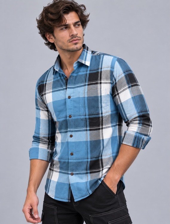 ODCC Men's Light Blue & Navy Blue Checkered Full Sleeve Cotton Tt with Chest Pocket YM0806 - 3