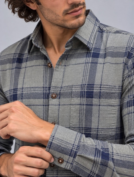 ODCC Men's Grey & Navy Blue Checkered Full Sleeve Cotton Twill St with Chest Pocket YM0808 - 5