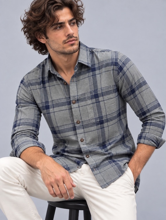 ODCC Men's Grey & Navy Blue Checkered Full Sleeve Cotton Twill St with Chest Pocket YM0808 - 7