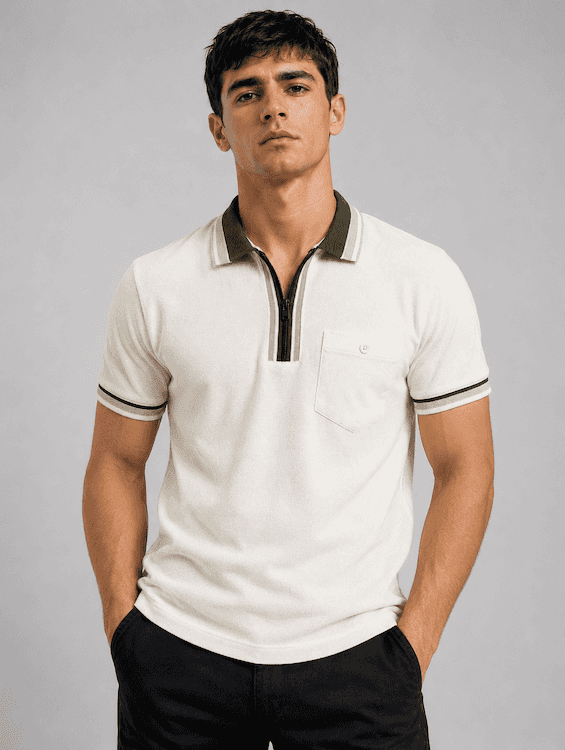 ODODCC Men's Off-White Polo T-Shirt with Olive Green Contrast Collar & Black Zip – T02559